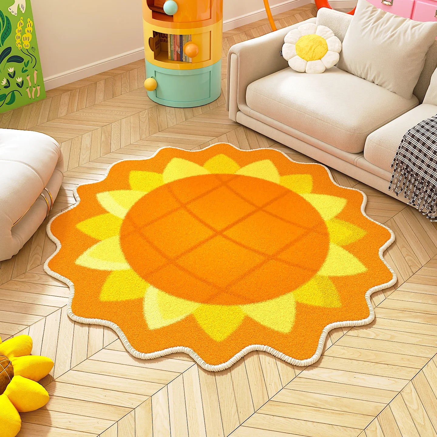 Navak Carpet Sunflower Pattern Bedroom Decor Round Carpet Thicken Plush Lounge Mat Fluffy Soft Study Rug Flower Shape Carpets for Living Room