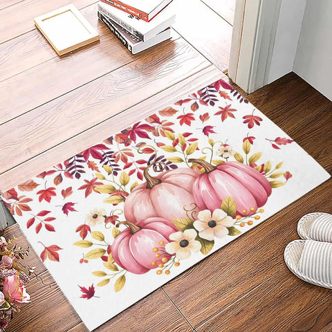 Navak Carpet Fall Pink Pumpkins Flowers Leaves Welcome Doormats Decor Kitchen Corridor Balcony Rugs Bedroom Beside Foot Mat Non-Slip Floormat