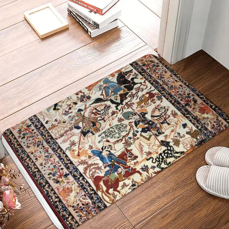 Navak Carpet Blue Antique Persian Isfahan Silk Rug With Animals Front Floor Door Entrance Mat Tribal Ethnic Floral Bath  Doormat Carpet Rug