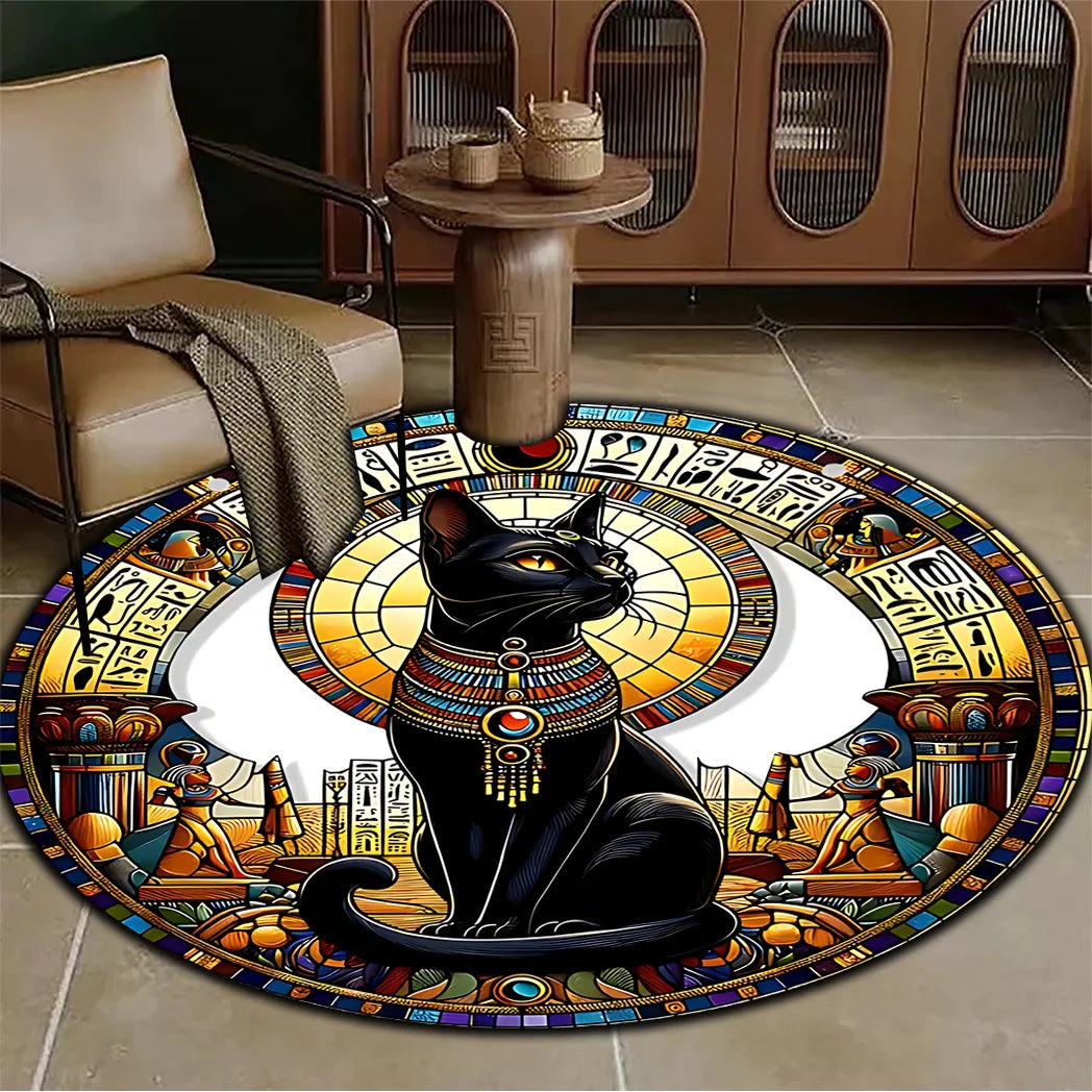 Navak Carpet A Round, Easy-To-Clean Area Rug Featuring an Egyptian Bastet Cat Design, Suitable for Living Spaces, Bedrooms, Living Rooms, Kit