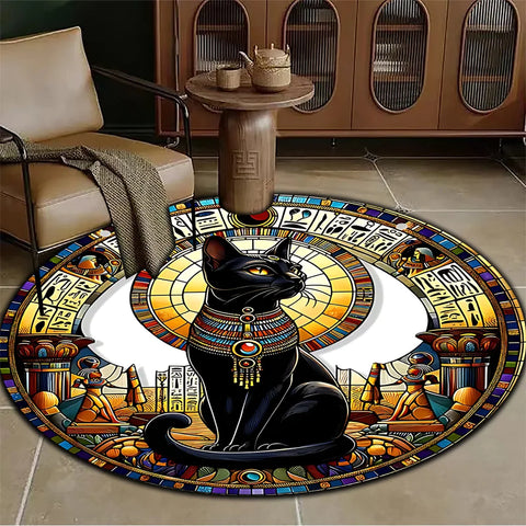 Navak Carpet A Round, Easy-To-Clean Area Rug Featuring an Egyptian Bastet Cat Design, Suitable for Living Spaces, Bedrooms, Living Rooms, Kit