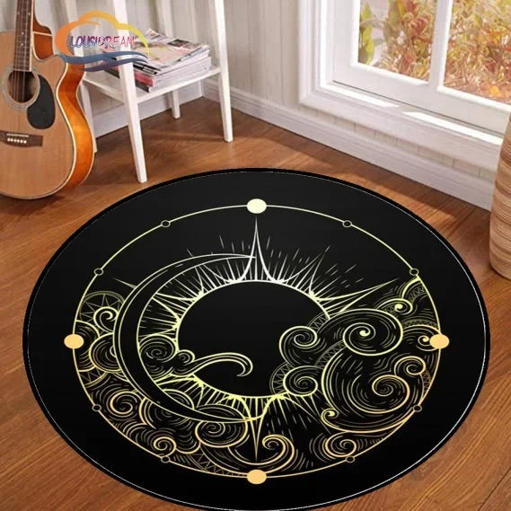 Navak Carpet Pentagram sun Patterned Round Carpet, Satan Devil's Trap Rug, White  on Black  Supernatural  Rune carpet