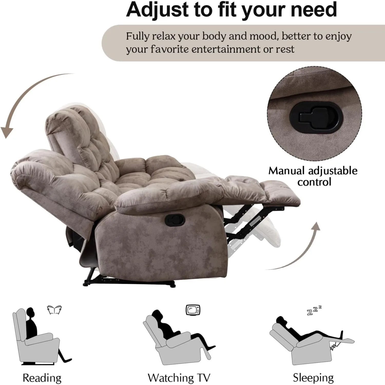 Navak Carpet Manual Reclining Sofa, 3 Seat Recliner Sofa with Armrest and Overstuffed Backrest, Couch Set for Living Room, Bedroom
