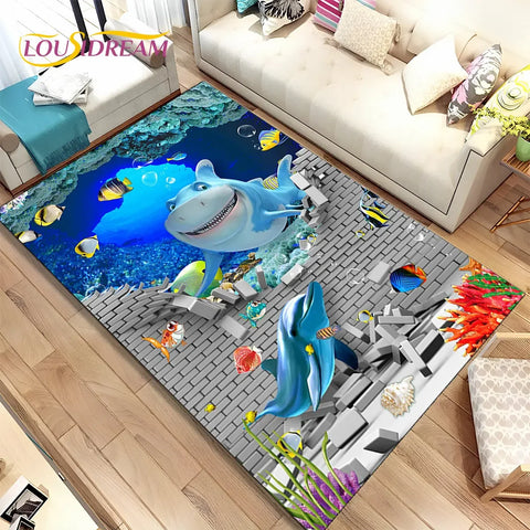 Navak Carpet 3D Illusion Seabed Underwater World Dolphin Shark Area Rug,Carpet Rug for Living Room Bedroom Sofa Doormat,Non-slip Floor Mat