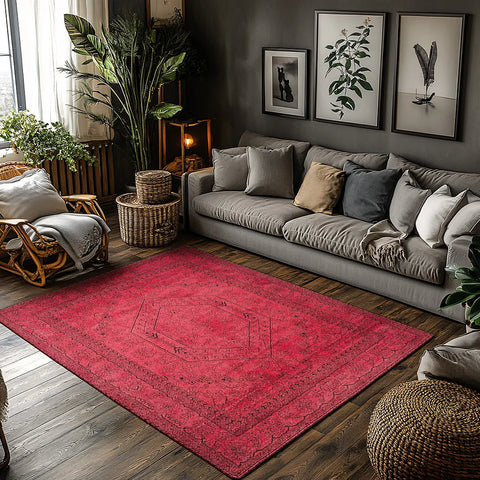 Navak Carpet Red Bohemian Area Rug, Ethnic Pattern Non-Slip Carpet, Cozy Living Room Mat for Natural Home Decor