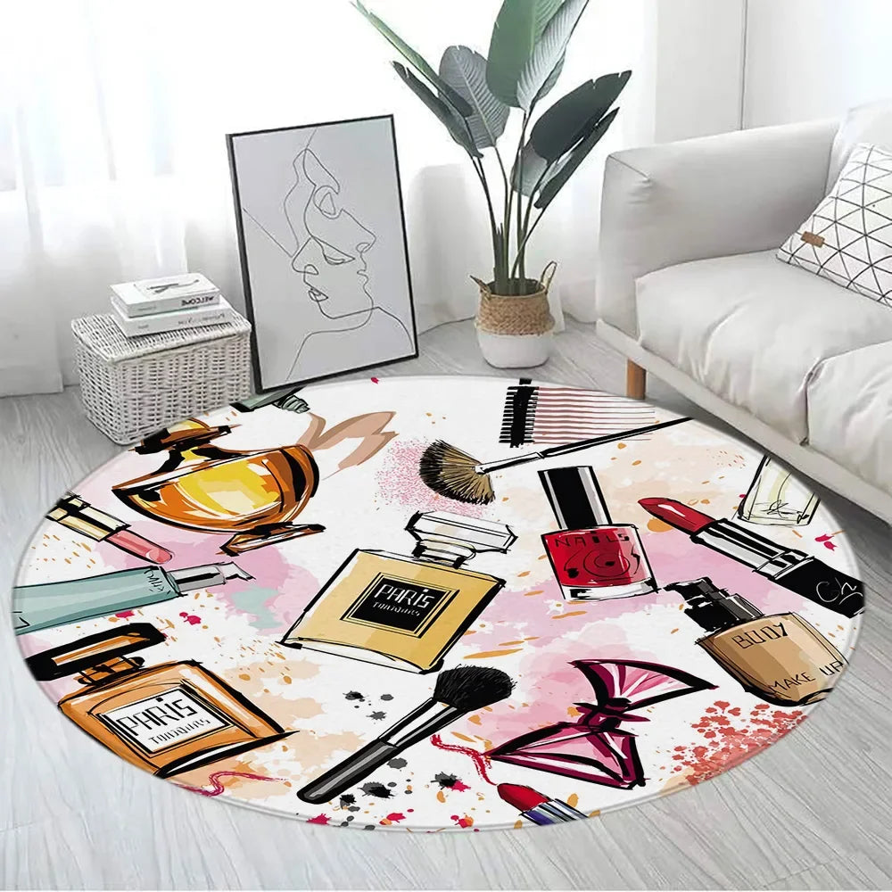 Navak Carpet Pink Floral Perfume Round Carpet Fashion Magazine Black and White Stripe Home Rugs Living Room Decor Girls Bedroom Rug Floor Mat