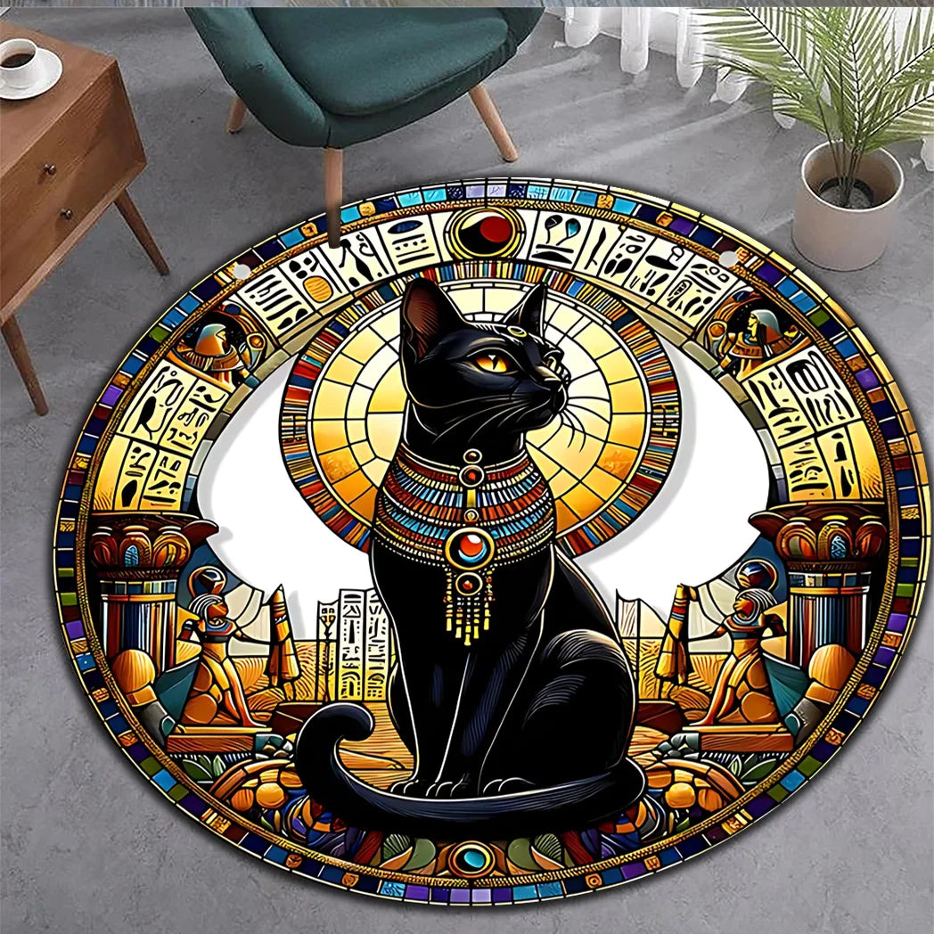 Navak Carpet A Round, Easy-To-Clean Area Rug Featuring an Egyptian Bastet Cat Design, Suitable for Living Spaces, Bedrooms, Living Rooms, Kit