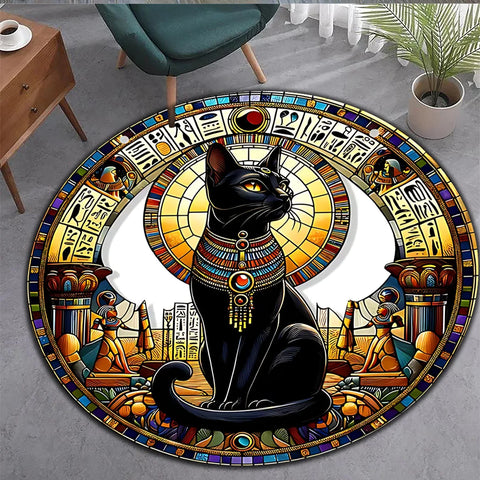 Navak Carpet A Round, Easy-To-Clean Area Rug Featuring an Egyptian Bastet Cat Design, Suitable for Living Spaces, Bedrooms, Living Rooms, Kit