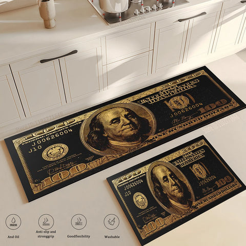 Navak Carpet Black Gold 100 Dollar Bill Money Kitchen Floor Mat Home Doormat Corridor Balcony Long Rugs Bedside Non-slip Absorbent Carpet