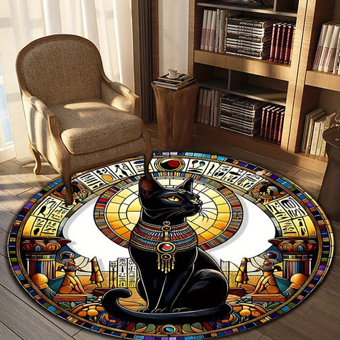 Navak Carpet A Round, Easy-To-Clean Area Rug Featuring an Egyptian Bastet Cat Design, Suitable for Living Spaces, Bedrooms, Living Rooms, Kit