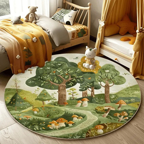 Navak Carpet Forest Pattern Living Room Lovely Round Bedroom Decorative Carpet Washable Children Floor Mat Study Rug