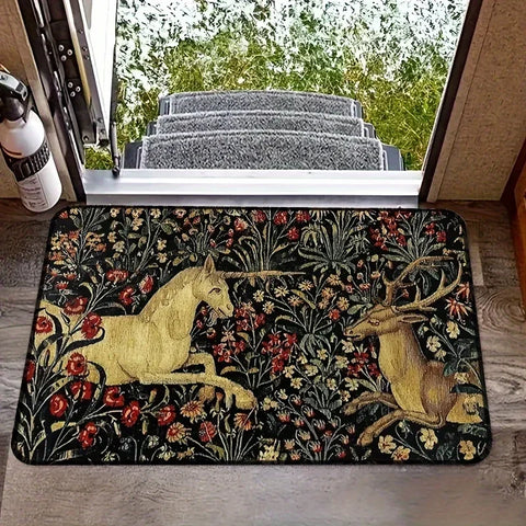 Navak Carpet Medieval Unicorn Midnight Floral Tapestry Doormat Non Slip Rug Home Decor Carpet Washable  Living Room Bedroom Kitchen Floor Mat