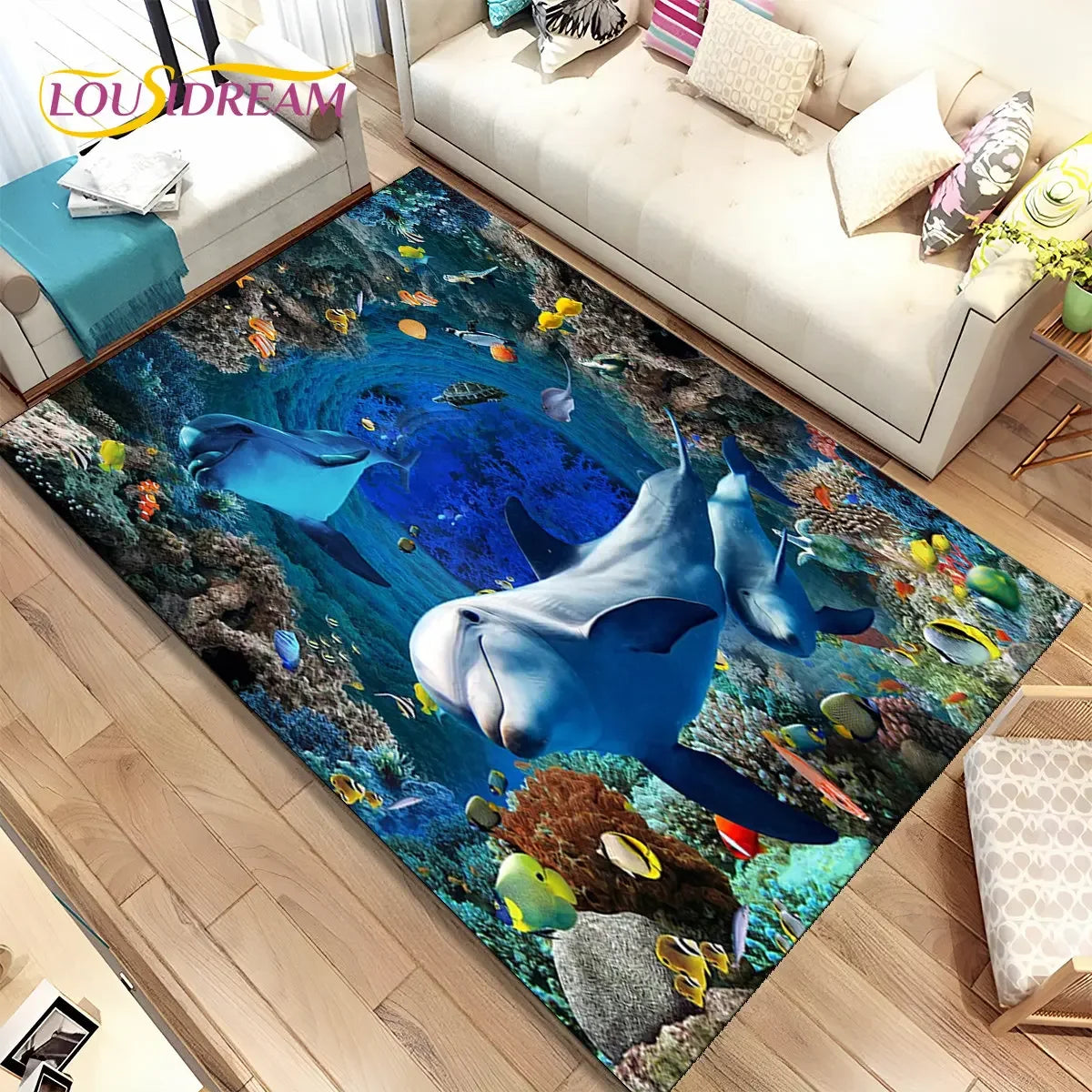 Navak Carpet 3D Illusion Seabed Underwater World Dolphin Shark Area Rug,Carpet Rug for Living Room Bedroom Sofa Doormat,Non-slip Floor Mat