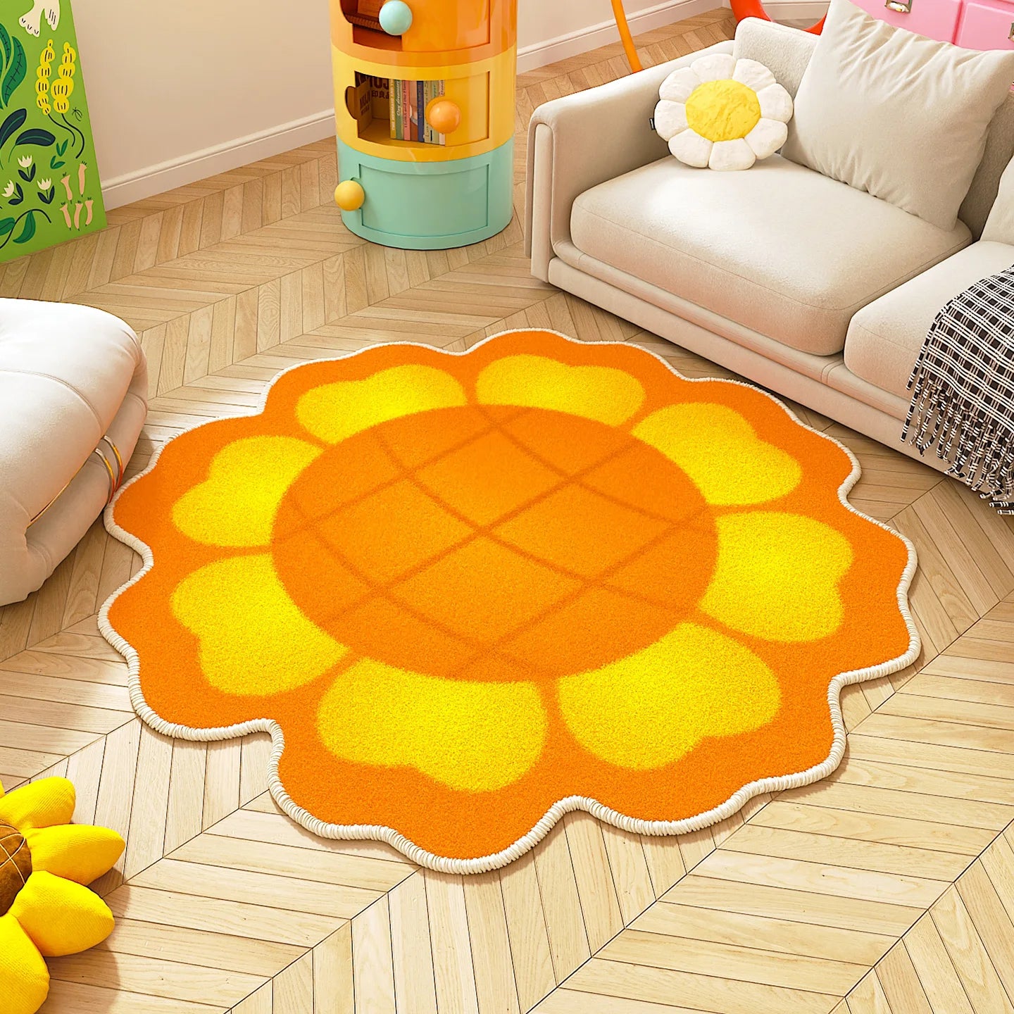 Navak Carpet Sunflower Pattern Bedroom Decor Round Carpet Thicken Plush Lounge Mat Fluffy Soft Study Rug Flower Shape Carpets for Living Room