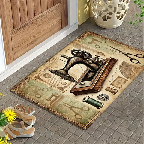 Navak Carpet Retro Door Mat Sewing Machine and Scissor Design Anti Slip Polyester Rug Suitable for Living Room and Bedroom Decoration Carpet