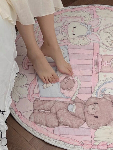 Navak Carpet Cute Pink Bear Cartoon Round Area Rug, Children's Bedroom Carpet, Living Room, Sofa, Playroom Decor,Non-slip Floor Mat
