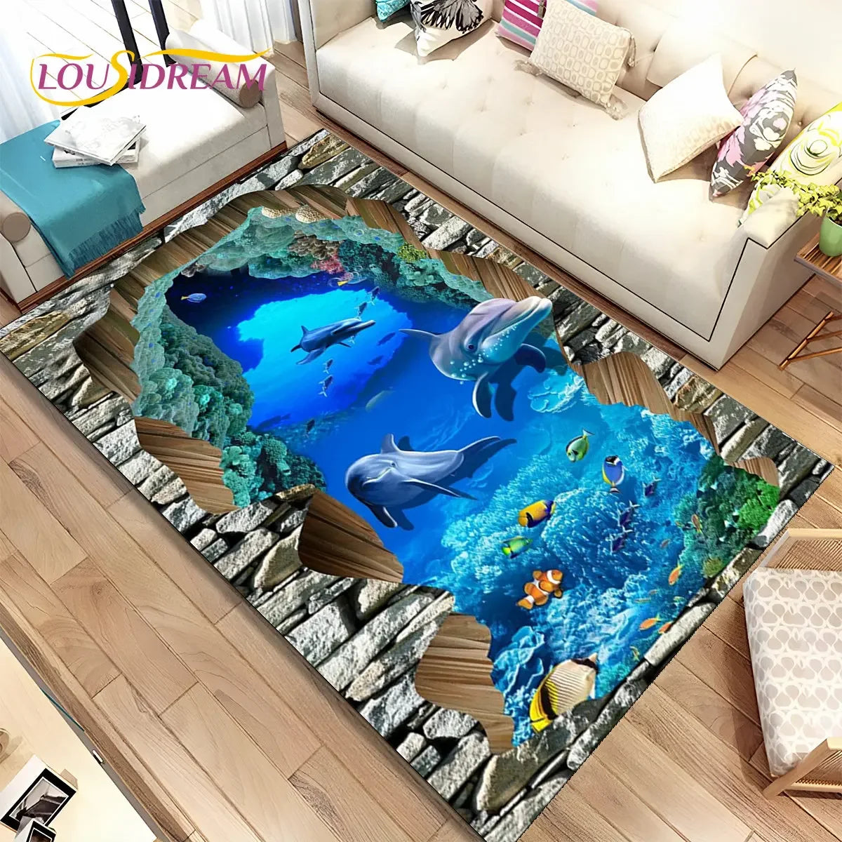 Navak Carpet 3D Illusion Seabed Underwater World Dolphin Shark Area Rug,Carpet Rug for Living Room Bedroom Sofa Doormat,Non-slip Floor Mat