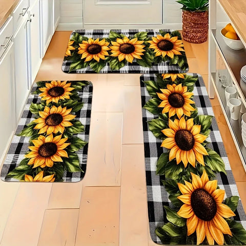 Navak Carpet Sunflower Buffalo Plaid Kitchen Mat Decor Non-slip Hallway Balcony Laundry Rugs Bathroom Door Mat Bedroom Floor Mat Decor