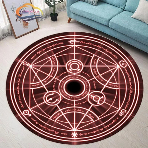 Navak Carpet Pentagram sun Patterned Round Carpet, Satan Devil's Trap Rug, White  on Black  Supernatural  Rune carpet