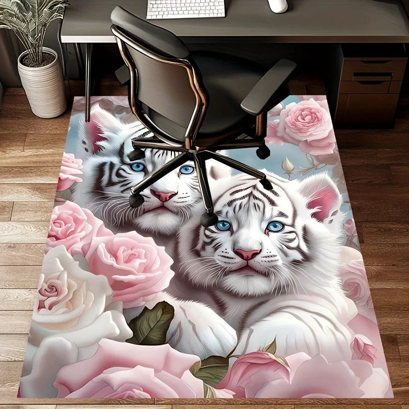 Navak Carpet 1pc White Tiger and Rose Pattern Area Rug - Polyester, Non-Slip, Machine Washable, Comfortable Chair Mat for Living Room,