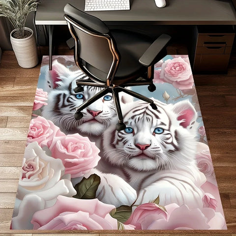 Navak Carpet 1pc White Tiger and Rose Pattern Area Rug - Polyester, Non-Slip, Machine Washable, Comfortable Chair Mat for Living Room,