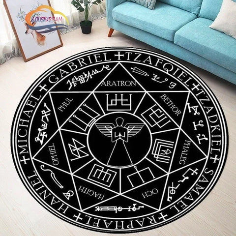 Navak Carpet Pentagram sun Patterned Round Carpet, Satan Devil's Trap Rug, White  on Black  Supernatural  Rune carpet