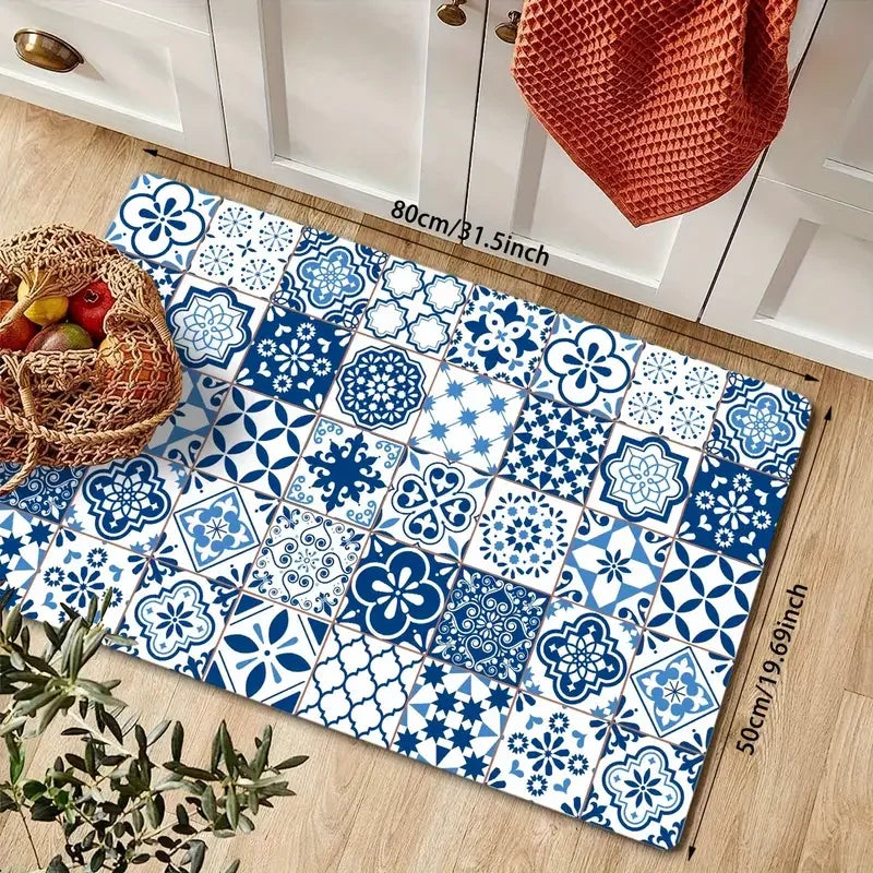 Navak Carpet Modern Blue Ceramic Tile Kitchen Floor Mat Decor Kitchen Corridor Balcony Rug Laundry Room Mat Bathroom Anti-slip Doormat Decor