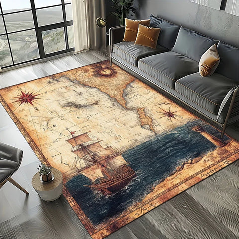 Navak Carpet Retro Marine Nautical Chart Compass Carpet Rug for Home Living Room Bedroom Sofa Doormat Decor, Floor Mat