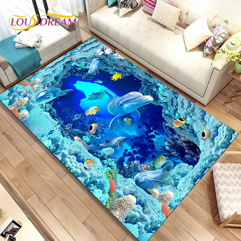 Navak Carpet 3D Illusion Seabed Underwater World Dolphin Shark Area Rug,Carpet Rug for Living Room Bedroom Sofa Doormat,Non-slip Floor Mat