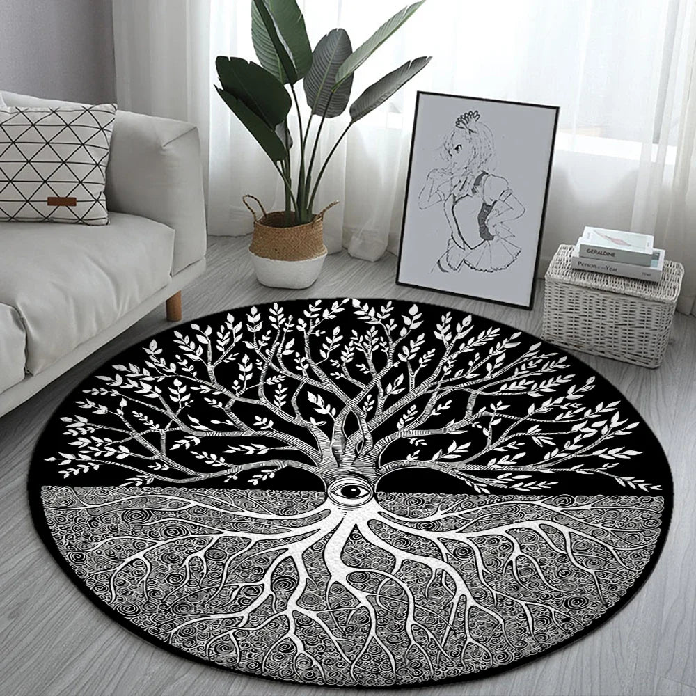 Navak Carpet World Tree Round Rug Area Rug Viking Norse Mythology Print Round Carpet Living Room Bedroom Floor Mat Playroom Soft Round Carpet