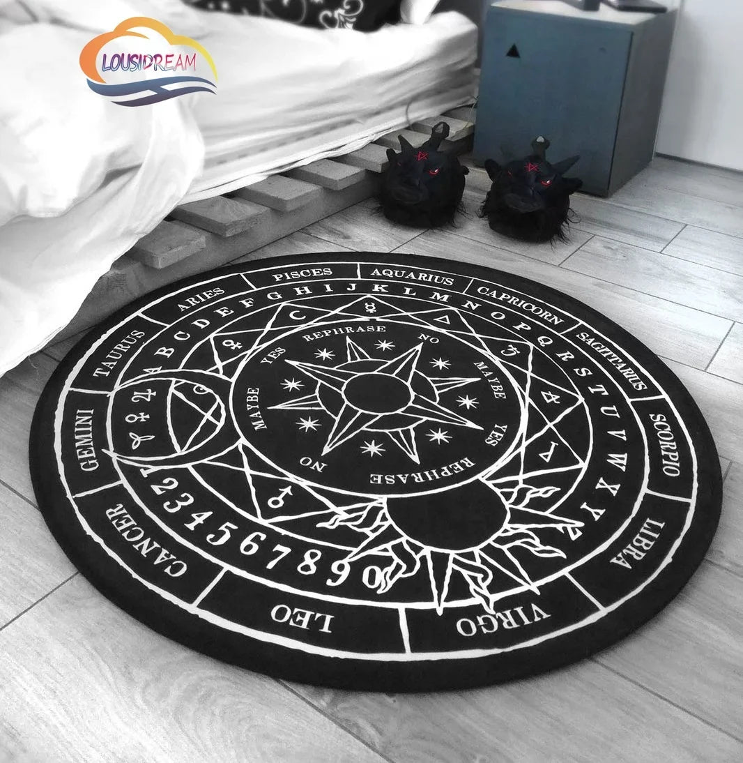 Navak Carpet Pentagram sun Patterned Round Carpet, Satan Devil's Trap Rug, White  on Black  Supernatural  Rune carpet