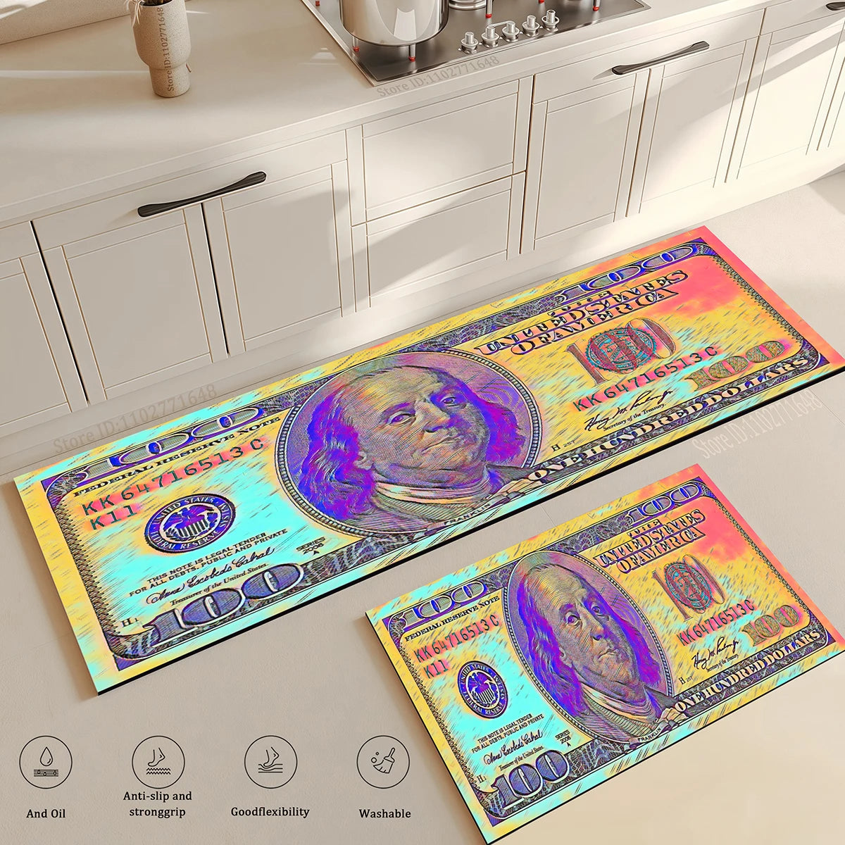 Navak Carpet Black Gold 100 Dollar Bill Money Kitchen Floor Mat Home Doormat Corridor Balcony Long Rugs Bedside Non-slip Absorbent Carpet