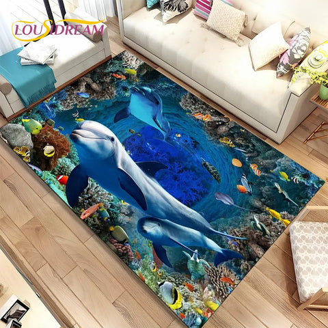 Navak Carpet 3D Illusion Seabed Underwater World Dolphin Shark Area Rug,Carpet Rug for Living Room Bedroom Sofa Doormat,Non-slip Floor Mat