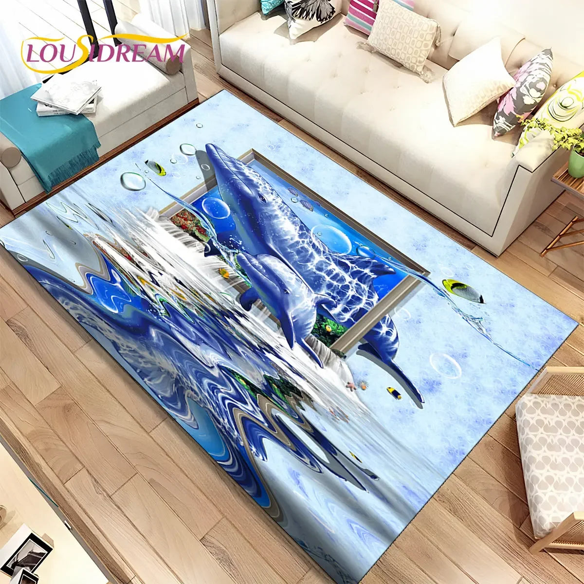 Navak Carpet 3D Illusion Seabed Underwater World Dolphin Shark Area Rug,Carpet Rug for Living Room Bedroom Sofa Doormat,Non-slip Floor Mat