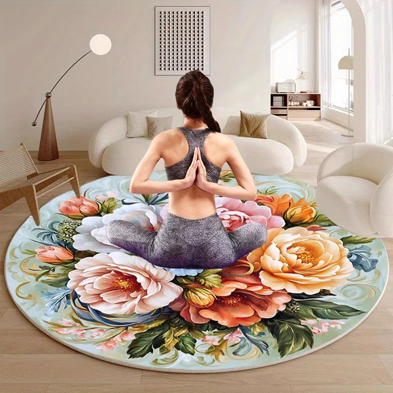 Navak Carpet 1pc Floral print round floor mat, polyester fabric, suitable for bedroom and living room decoration