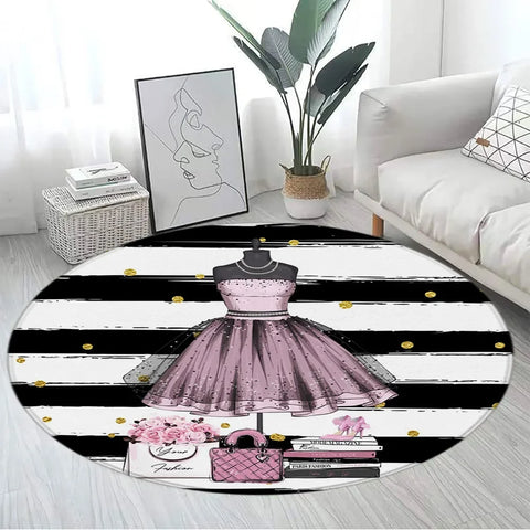 Navak Carpet Pink Floral Perfume Round Carpet Fashion Magazine Black and White Stripe Home Rugs Living Room Decor Girls Bedroom Rug Floor Mat