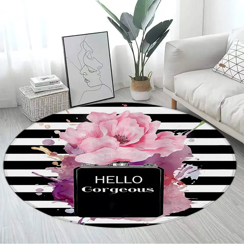 Navak Carpet Pink Floral Perfume Round Carpet Fashion Magazine Black and White Stripe Home Rugs Living Room Decor Girls Bedroom Rug Floor Mat