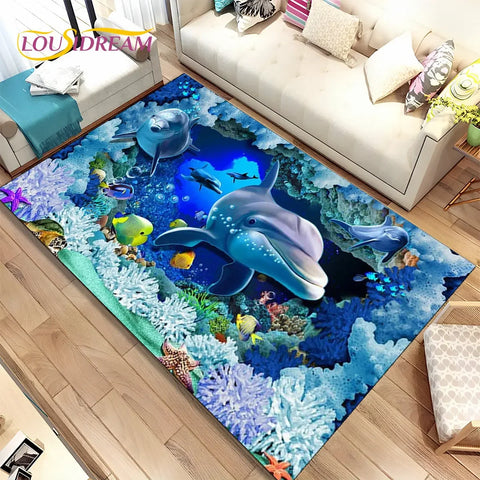 Navak Carpet 3D Illusion Seabed Underwater World Dolphin Shark Area Rug,Carpet Rug for Living Room Bedroom Sofa Doormat,Non-slip Floor Mat