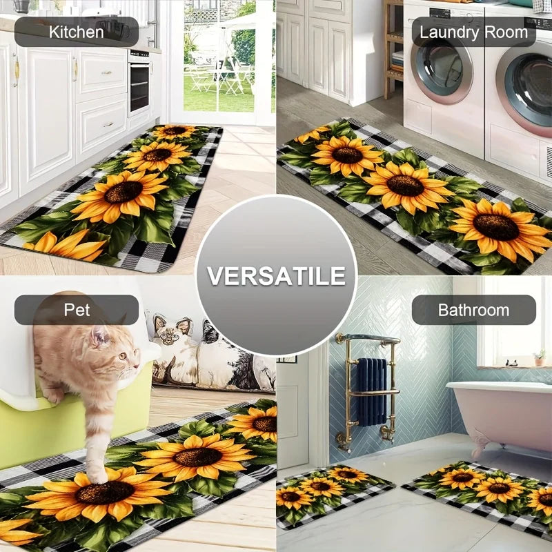 Navak Carpet Sunflower Buffalo Plaid Kitchen Mat Decor Non-slip Hallway Balcony Laundry Rugs Bathroom Door Mat Bedroom Floor Mat Decor