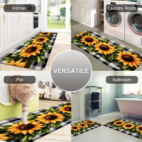 Navak Carpet Sunflower Buffalo Plaid Kitchen Mat Decor Non-slip Hallway Balcony Laundry Rugs Bathroom Door Mat Bedroom Floor Mat Decor