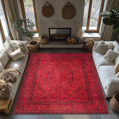 Navak Carpet Red Bohemian Area Rug, Ethnic Pattern Non-Slip Carpet, Cozy Living Room Mat for Natural Home Decor