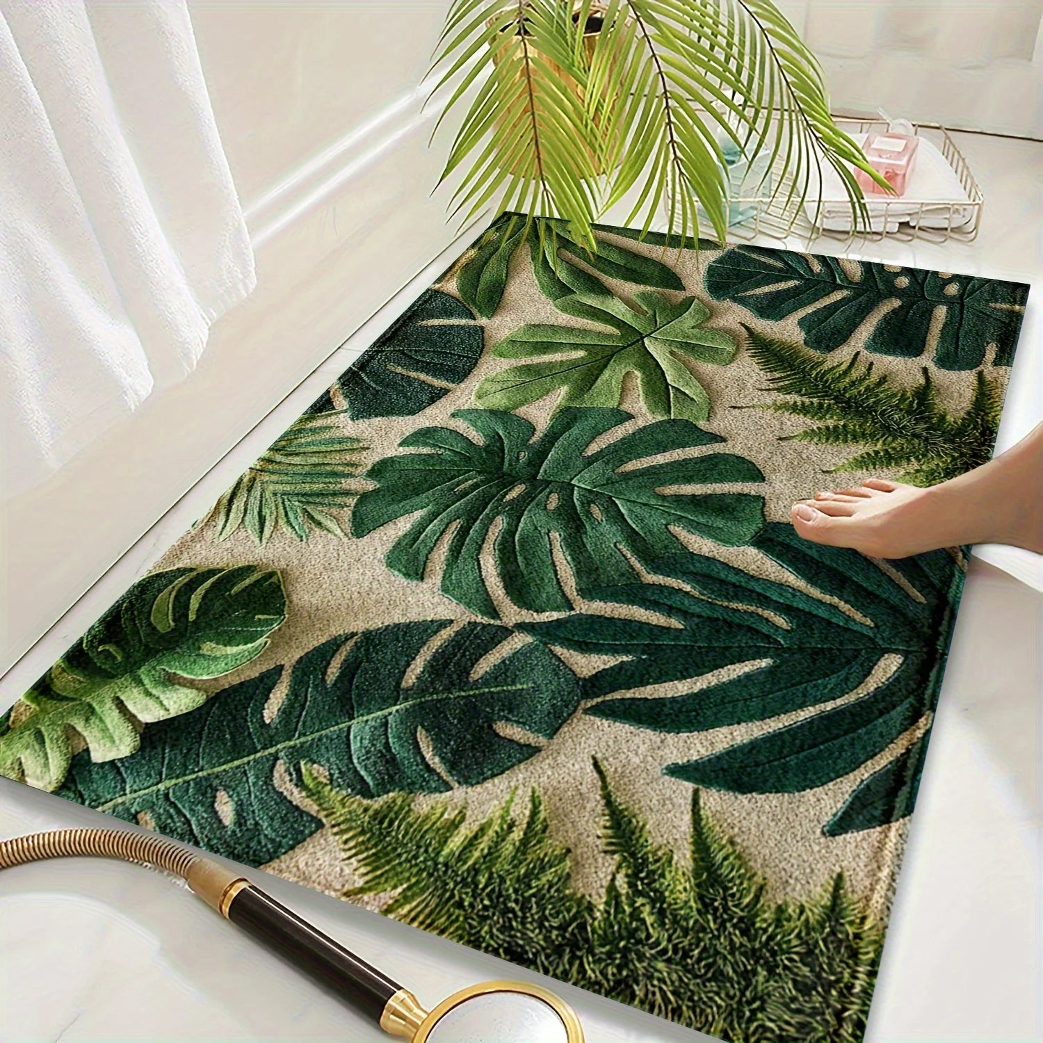 Navak Carpet 1 Tropical Green Plant Pattern Rectangular Bath Mat- Machine Washable Polyester Non-Slip Backing Soft Plush Texture for Bathroom