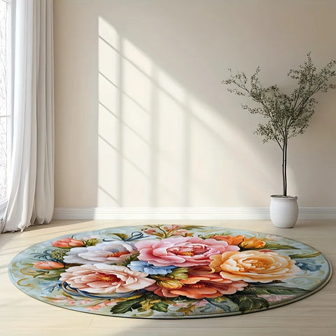 Navak Carpet 1pc Floral print round floor mat, polyester fabric, suitable for bedroom and living room decoration