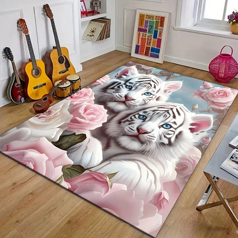Navak Carpet 1pc White Tiger and Rose Pattern Area Rug - Polyester, Non-Slip, Machine Washable, Comfortable Chair Mat for Living Room,