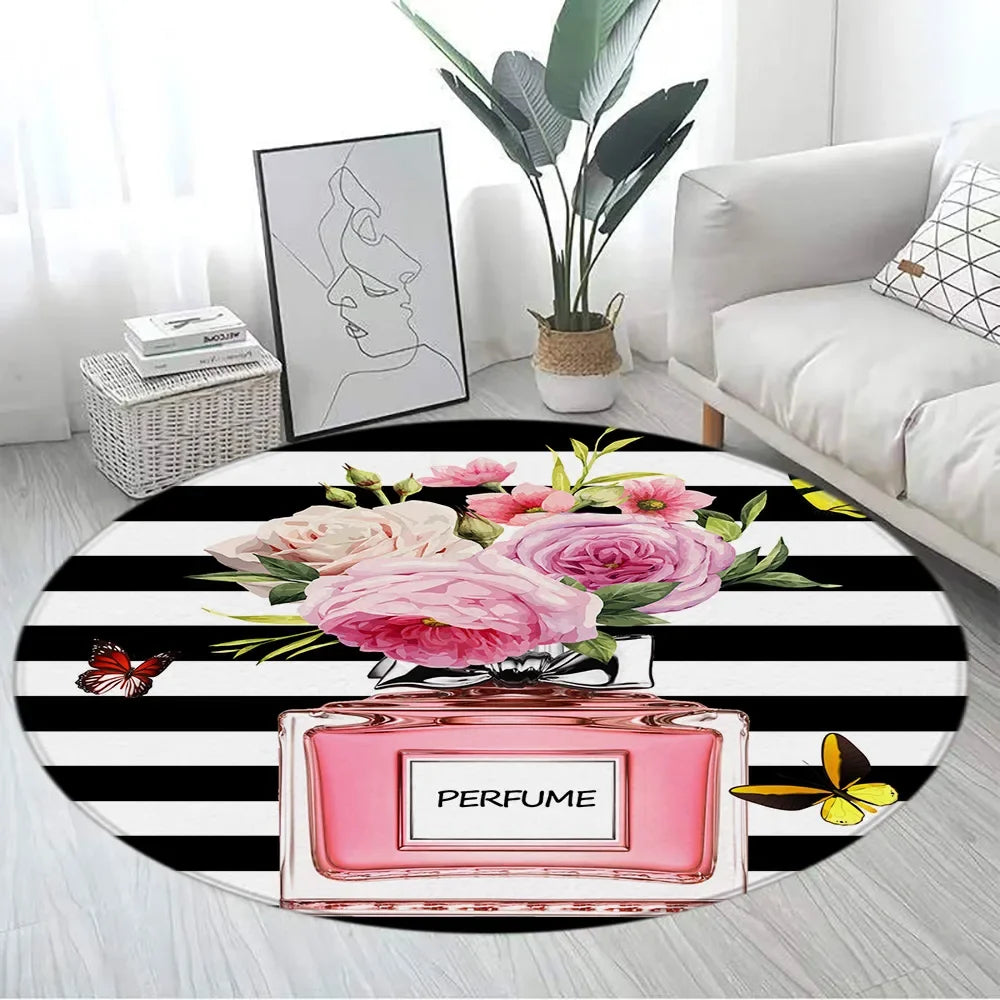 Navak Carpet Pink Floral Perfume Round Carpet Fashion Magazine Black and White Stripe Home Rugs Living Room Decor Girls Bedroom Rug Floor Mat