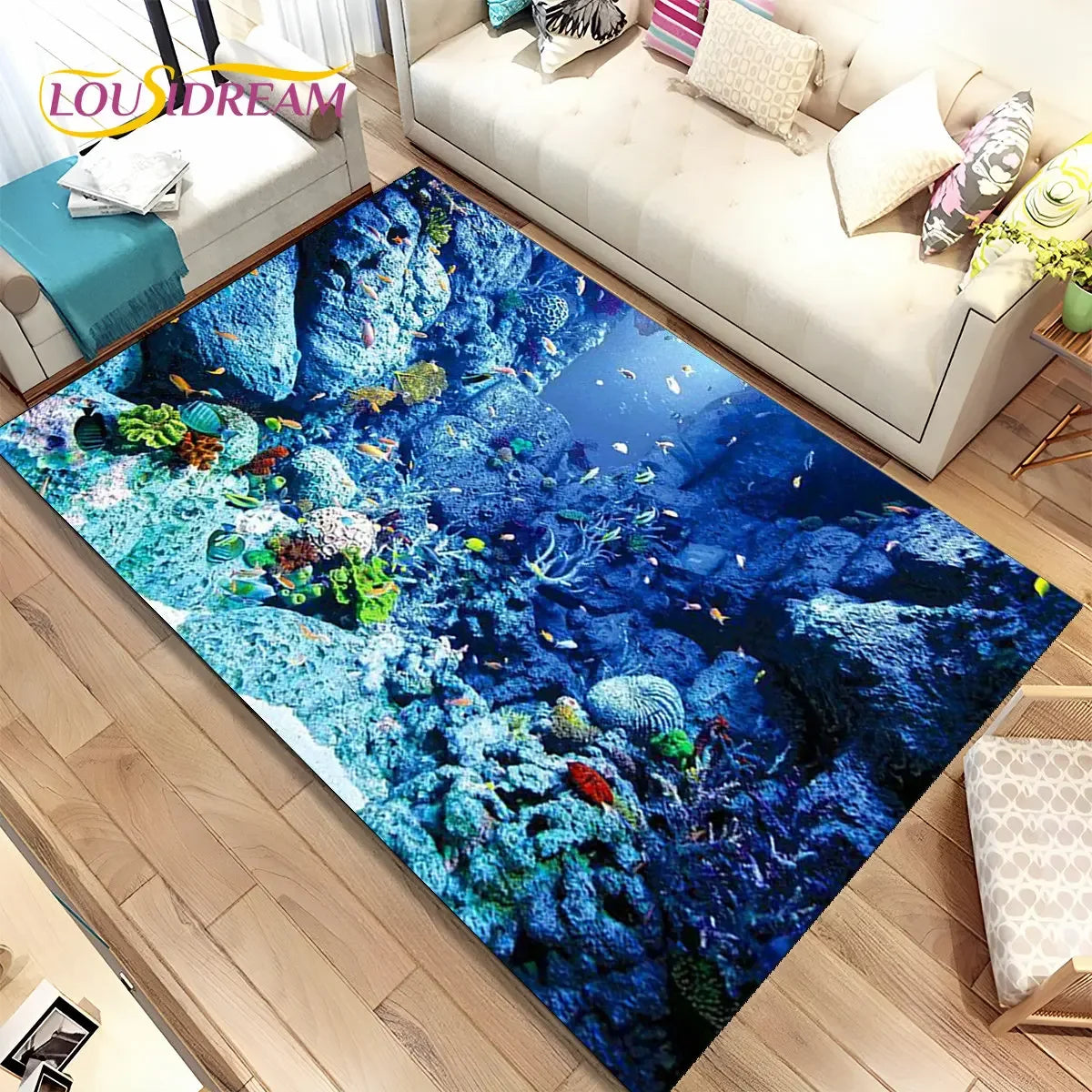 Navak Carpet 3D Illusion Seabed Underwater World Dolphin Shark Area Rug,Carpet Rug for Living Room Bedroom Sofa Doormat,Non-slip Floor Mat