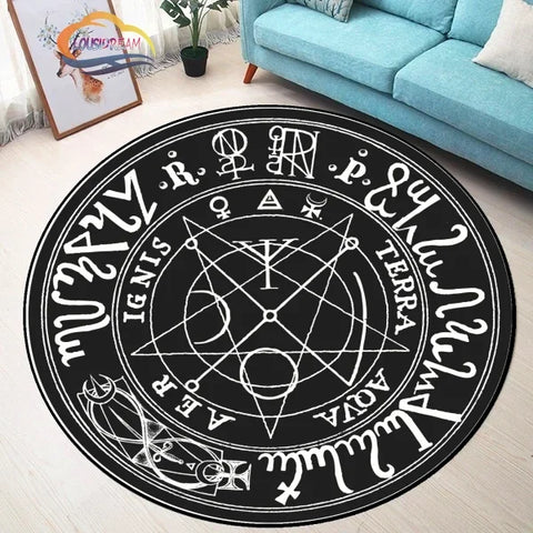 Navak Carpet Pentagram sun Patterned Round Carpet, Satan Devil's Trap Rug, White  on Black  Supernatural  Rune carpet