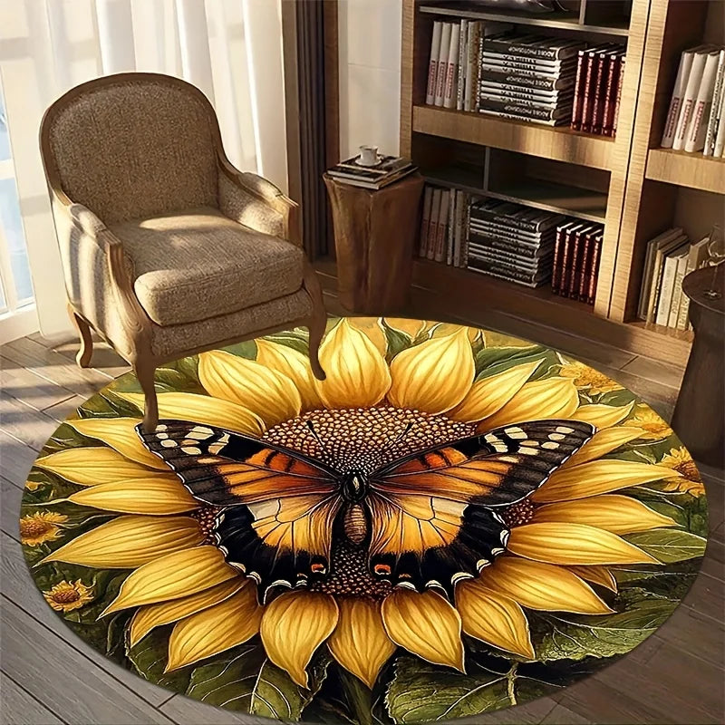 Navak Carpet 1pc Spring sunflower round mat, polyester fabric, machine washable, suitable for bedroom, living room, bathroom entrance mat