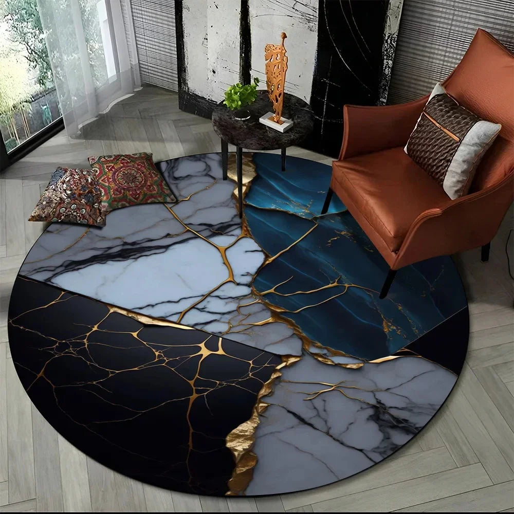 Navak Carpet 3D Luxury Marble Print Round Carpet Abstract Geometric Area Rug for Living Room Bedroom Chair Decor Non-slip Floor Mat Doormat