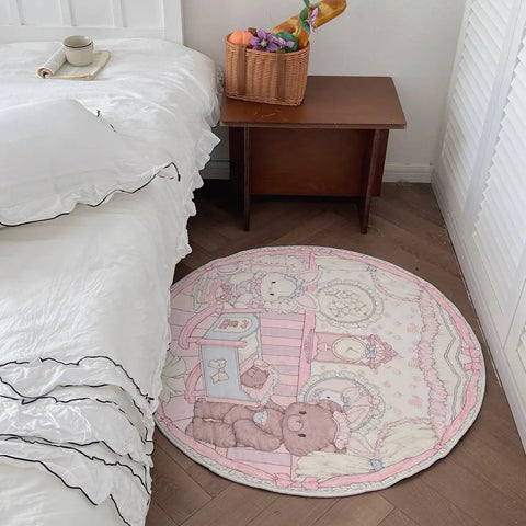 Navak Carpet Cute Pink Bear Cartoon Round Area Rug, Children's Bedroom Carpet, Living Room, Sofa, Playroom Decor,Non-slip Floor Mat